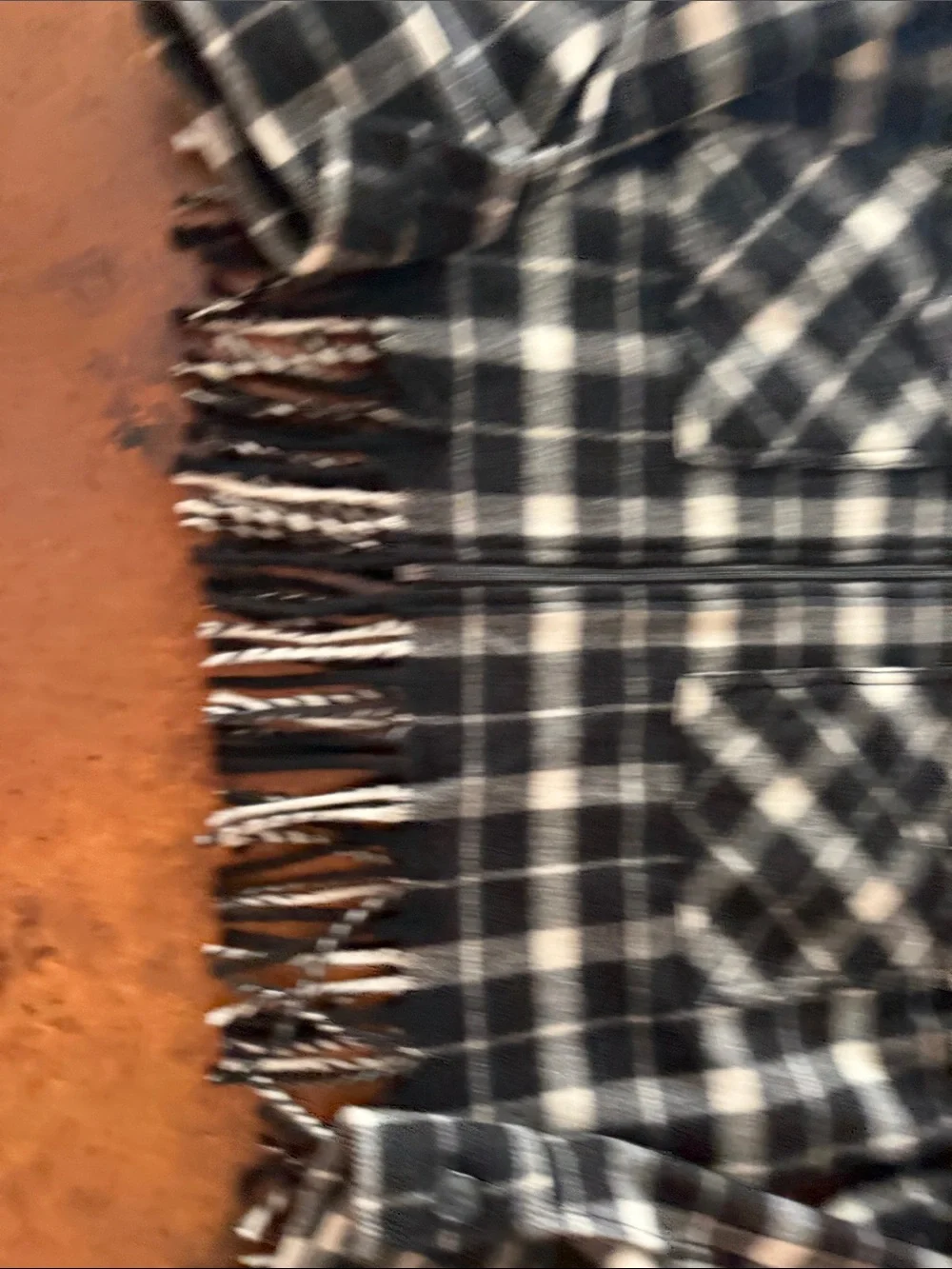 kate spade Black & White Plaid Sherpa Collar Fringe Jacket